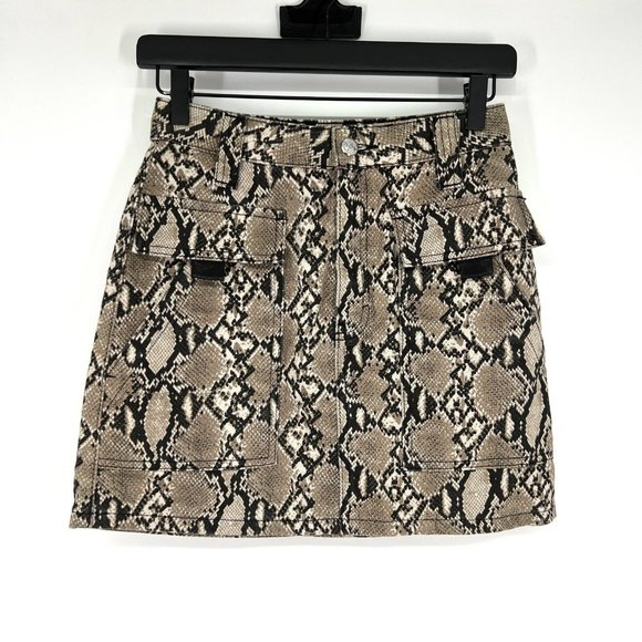 Topshop Skirt Snake Print Denim Mini Utility Pocket Brown Black - Picture 1 of 12